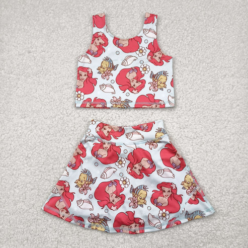 4.29 GSD2354 Baby Girls Sleeveless Cartoon Mermaid Fishes Top Skort Yoga Set
