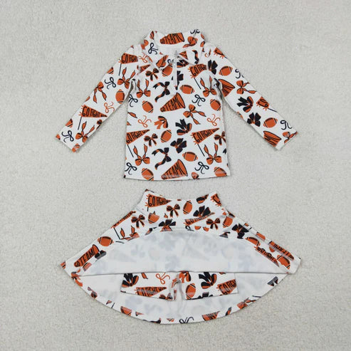 10.25 GLD1285 Baby Girls Orange Black Bows Go Team Yoga Zipper Pullovers Skorts Clothes Set