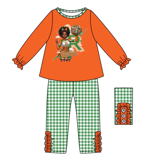 10.11  Custom Moq 8 Baby Girls Orange R Team Top Plaid Bottom Pants Sets