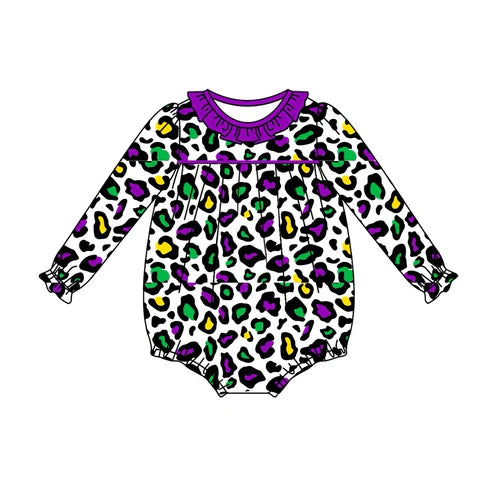 6.5 LR2046 Baby Infant Girls Mardi Gras Leopard Long Sleeve Rompers preorder