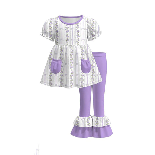 12.1 MOQ：5pcs GSPO2220 pre-order toddler girl clothes purple print girl spring set