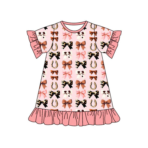 6.14 GSD2588 Baby Girls Pink Short Ruffle Sleeves Bows Horse Shoes Knee Length Dresses Preorder