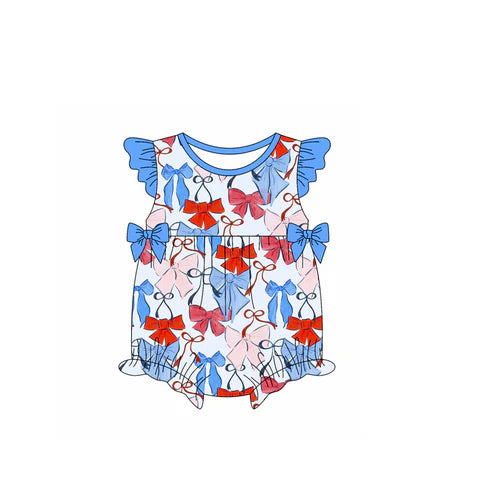 3.22 SR2954 Baby Infant Girls Flutter Sleeves Blue Hot Bows 4th Of July Ruffle Rompers Preorder