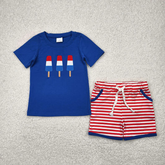 4.18 Embroidery Baby Boys 4th Of July Popstick Shirts Shorts Clothes Set