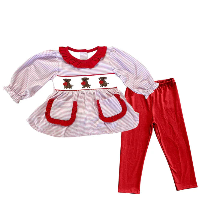 9.29 GLP2907 Baby Girls Heart Dogs Pockets Red Stripe Tunic Leggings Valentine Clothes Sets Preorder