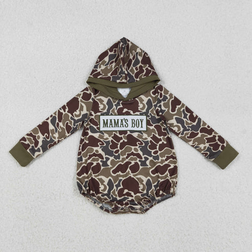 12.8 LR2791 Embroidery Mama's Boy Baby Boys Dark Khaki Camo Hoodie Romper