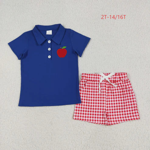 6.9 BSSO1397 Baby Boys Embroidery Apple Pullover Top Back To School Clothes Set