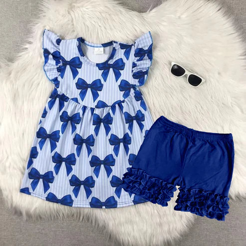 3.20 GSSO2359 Baby Girls Blue Stripe Flutter Sleeves Bows Tunic Ruffle Short Clothes Set Preorder