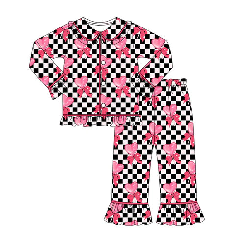 9.18 GLP2836 Baby Girls Black Checked Pink Hearts Bows Button Top Pants Valentine Pajamas Sets Preorder