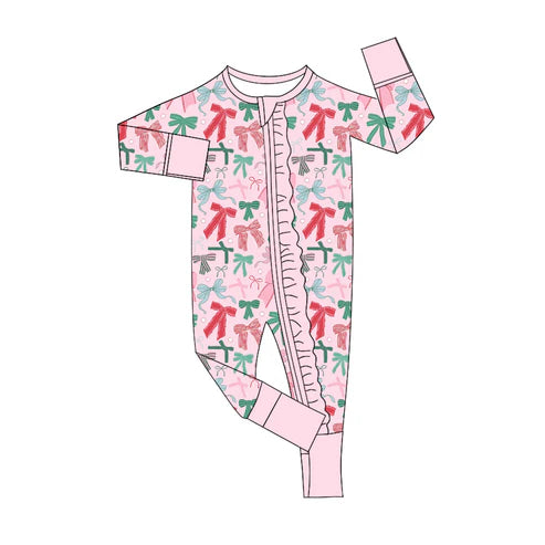 6.7 LR2266 Baby Girls Pink Long Sleeves Colorful Bows Zipper Rompers Preorder