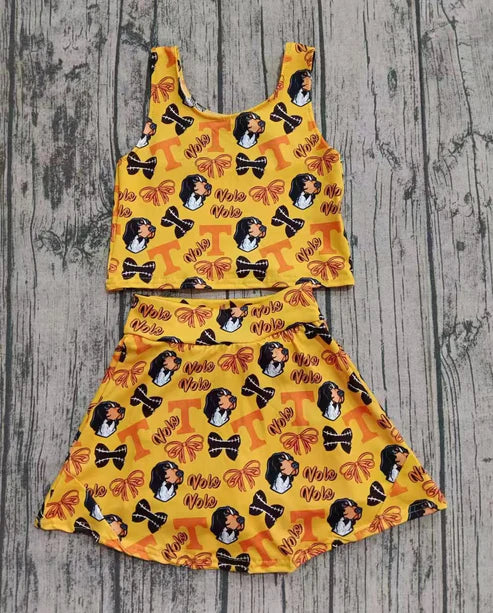 8.8 Custom Moq 5 Baby Girls Orange T Dogs Bows Plaid Vest Top Skorts Team Clothing Sets