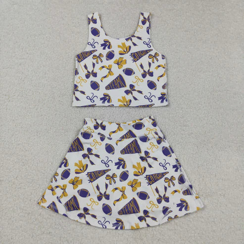8.25 GSD2690 Baby Girls Team Purple Footballs Vest Top Short Skirts Yoga Set