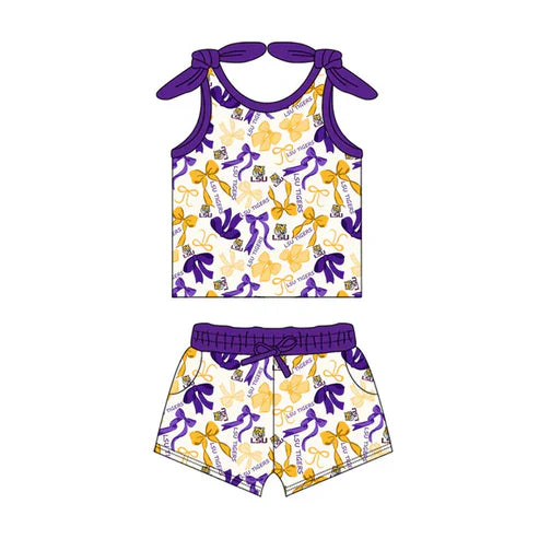 8.9 Custom Moq 5 Baby Girls Purple LSU Tiger Bows Plaid Top Pockets Shorts Team Set