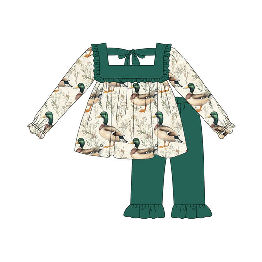 6.18 GLP2360 Baby Girls Long Sleeves Green Ducks Tunic Ruffle Pant Set Preorder