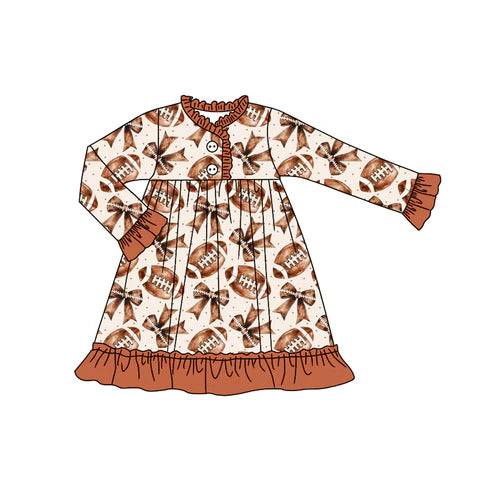 8.18 GLD1267 Baby Girls Button Footballs Bows Plaid Team Ruffle Knee Length Dresses Preorder