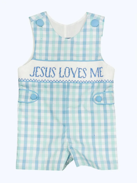 3.23 SR2943 Baby Infant Boys Sleeveless JESUS LOVES ME Blue Plaid Rompers Preorder