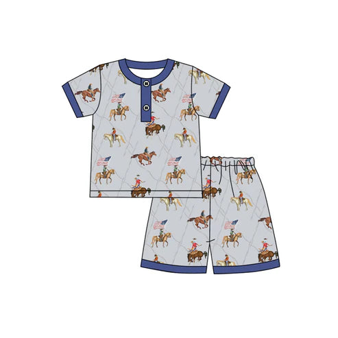 4.19 BSSO1497 Baby Boys Hot Blue Button Horse Rodeos Flags Top Short 4th Of July Pajamas Set Preorder