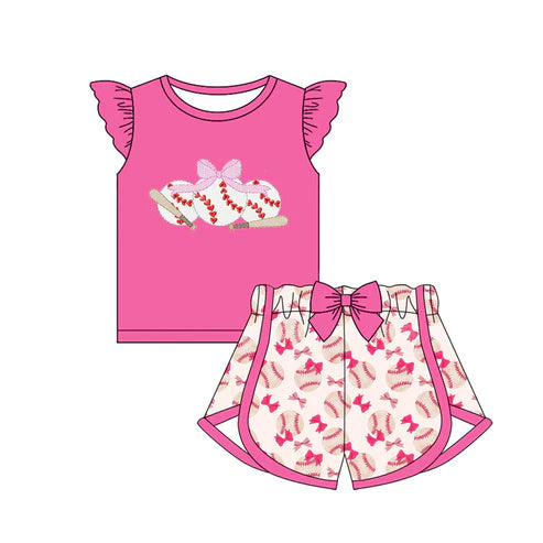 GSSO1685 Baby Girls Pink Baseball Bows Shirts Bows Shorts Clothes Sets Preorder