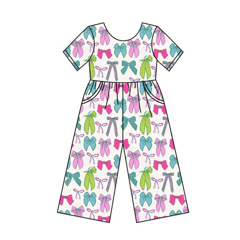 6.6 SR3143 Baby Girls Short Sleeves Colorful Bows Pockets Pant Jumpsuits Preorder