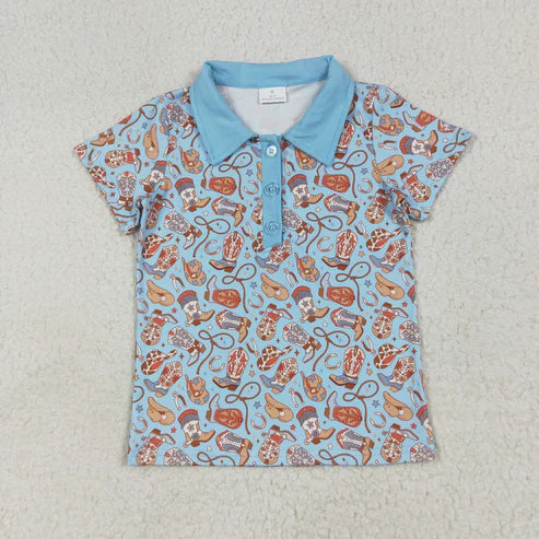 7.1 BT1256 Baby Boys Blue Short Sleeves Hats Boots Button Pullovers Shirts Top