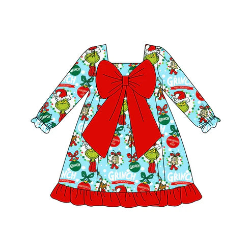 8.18 GLD1269 Baby Girls Christmas Green Face Bows Holly Ruffle Knee Length Dresses Preorder