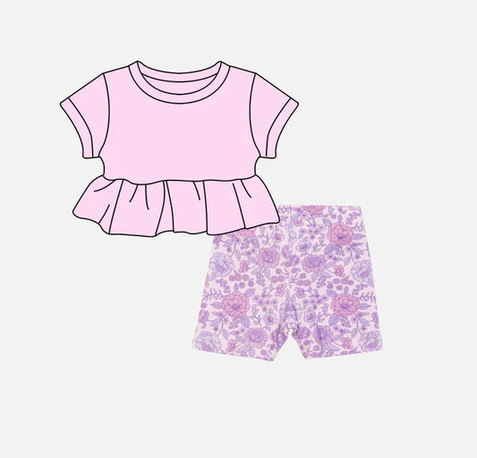 L-3.4 GSSO2102 Baby Girls Pink Cotton Tunic Top Lavender Flowers Shorts Clothes Sets Preorder