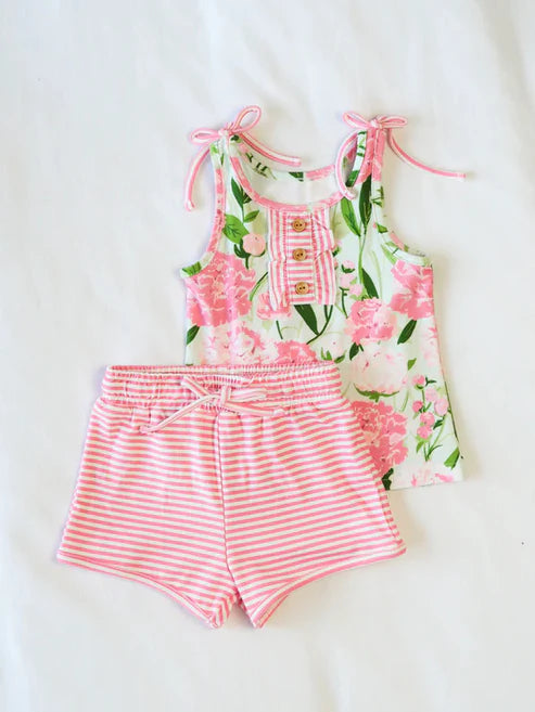 3.20 GSSO2357 Baby Girls Pink Sleeveless Floral Button Top Stripe Shorts Set preorder