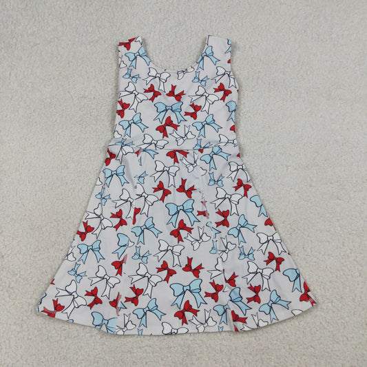 GSD3752 Kids Baby Girl Red Blue Bows Yoga Active 4th of July Shorts Knee Length Dress