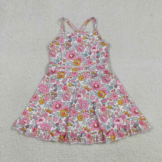 GSD2278 Kids Baby Girls Pink Strap Colorful Floral Yoga Active Ruffle Knee Length Dresses