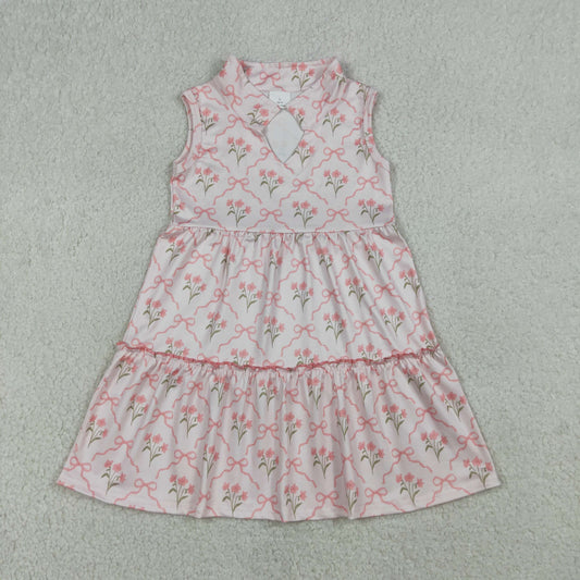 GSD3678 Kids Baby Girl Sleeveless Pink Bow Flowers Checked Patchwork Knee Length Dress