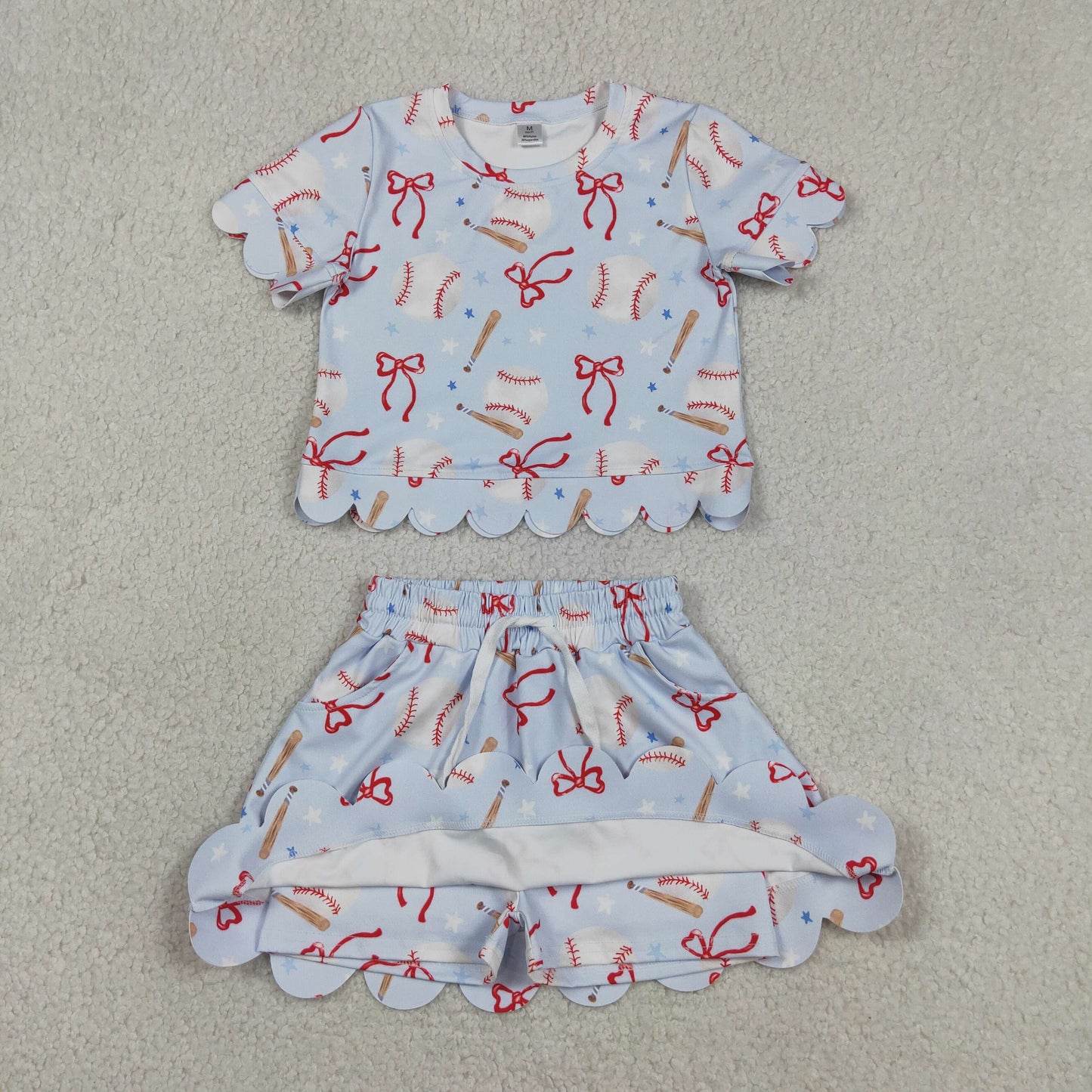 GSD3656 Kids Baby Girls Bows Baseballs Top Skirt Short Team Yoga Active Clothes Sets