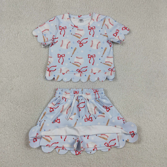 GSD3656 Kids Baby Girls Bows Baseballs Top Skirt Short Team Yoga Active Clothes Sets