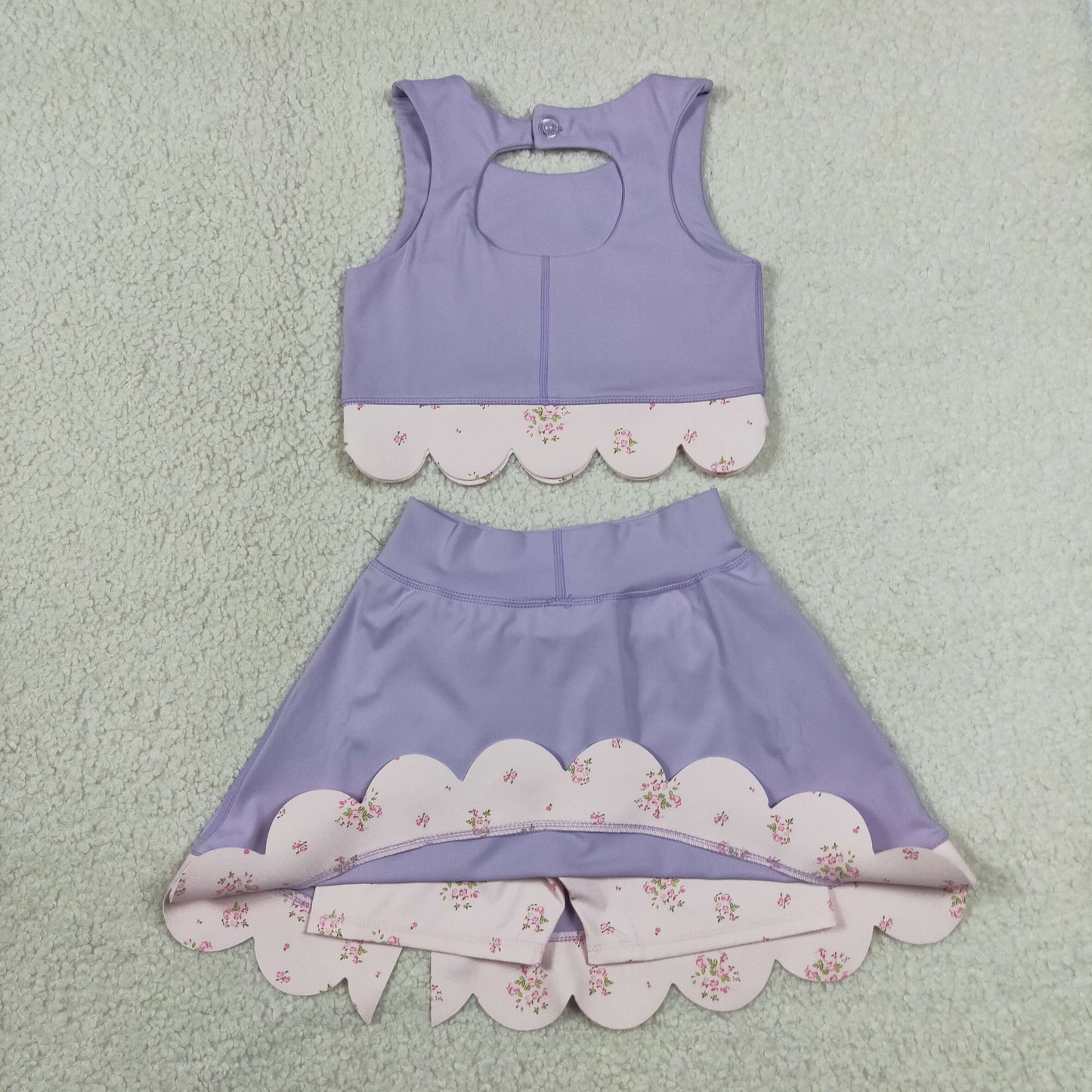 GSD3323 Kids Baby Girls Lavender Sleeveless Vest Bows Skirt Shorts Yoga Active Scallop Clothes Sets