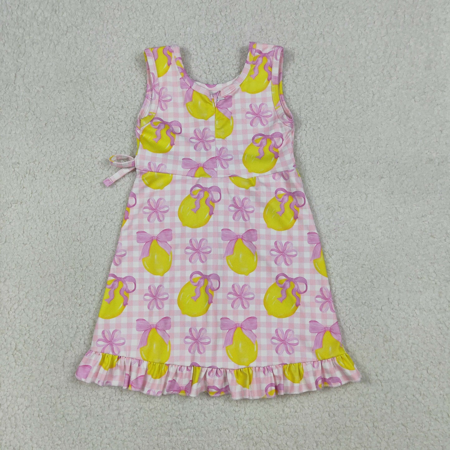 GSD3683 Kids Baby Girls Pink Checked Bows Lemons Yoga Active Shorts Ruffle Knee Length Dress