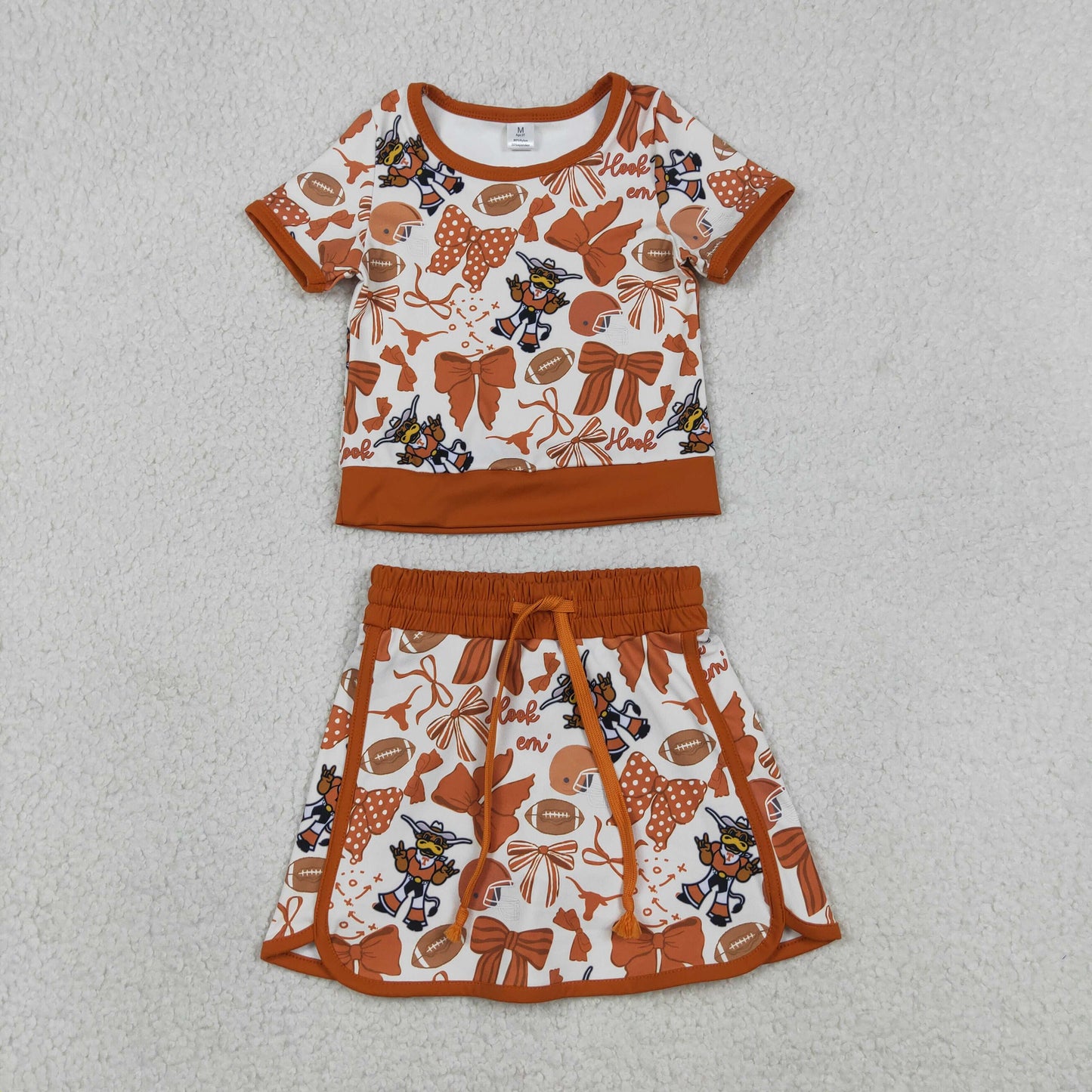 GSD3697 Kids Baby Girls Bow Football Bull Skulls Top Skirt Short Team Yoga Active Clothes Sets
