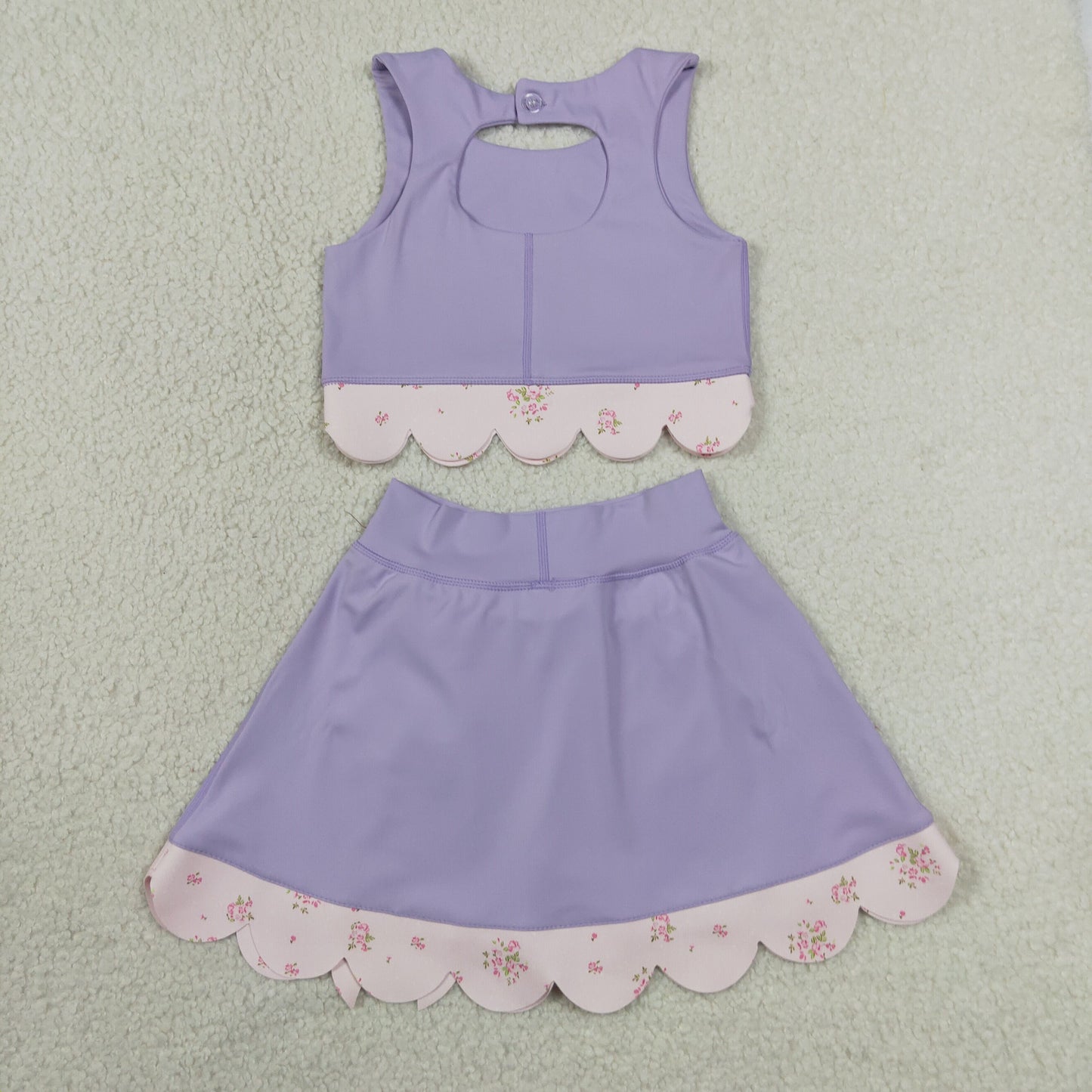 GSD3323 Kids Baby Girls Lavender Sleeveless Vest Bows Skirt Shorts Yoga Active Scallop Clothes Sets