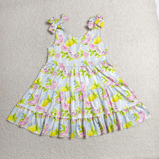 GSD3965 Kids Baby Girls Strap Watermelon Lemons Patchwork Knee Length Dresses