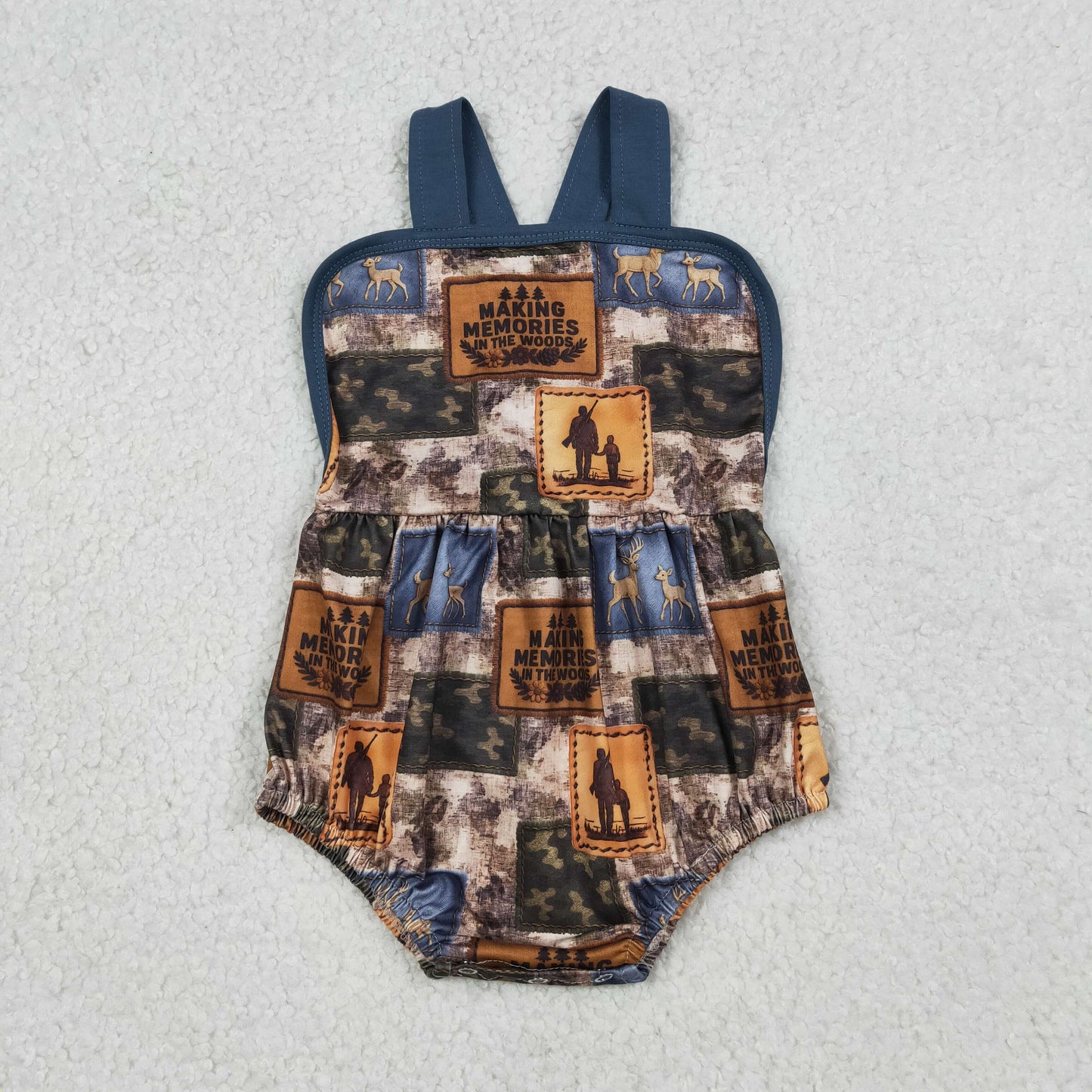 SR3925 Newborn Baby Boy Strap Deer Camo Checked Hunting Rompers