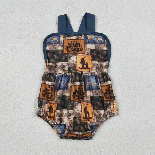 SR3925 Newborn Baby Boy Strap Deer Camo Checked Hunting Rompers