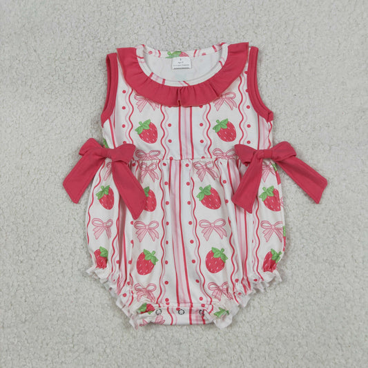 SR4011 Newborn Baby Girls Sleeveless Strawberry Bows Stripe Ruffle Rompers