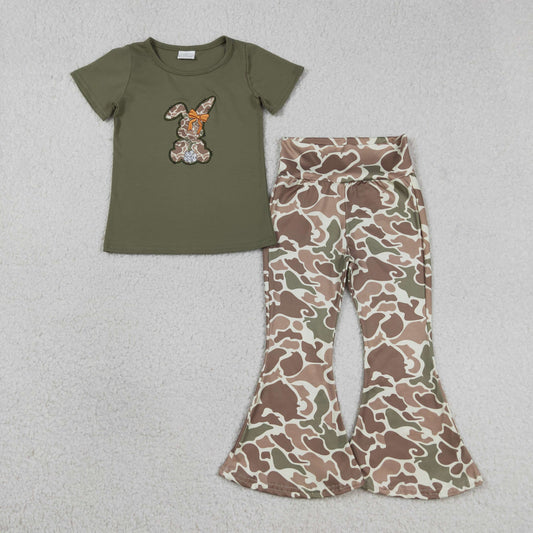 GSPO2110 Kids Embroidery Camo Rabbit Baby Girl Shirt Top Bell Bottom Pants Easter Clothes Sets