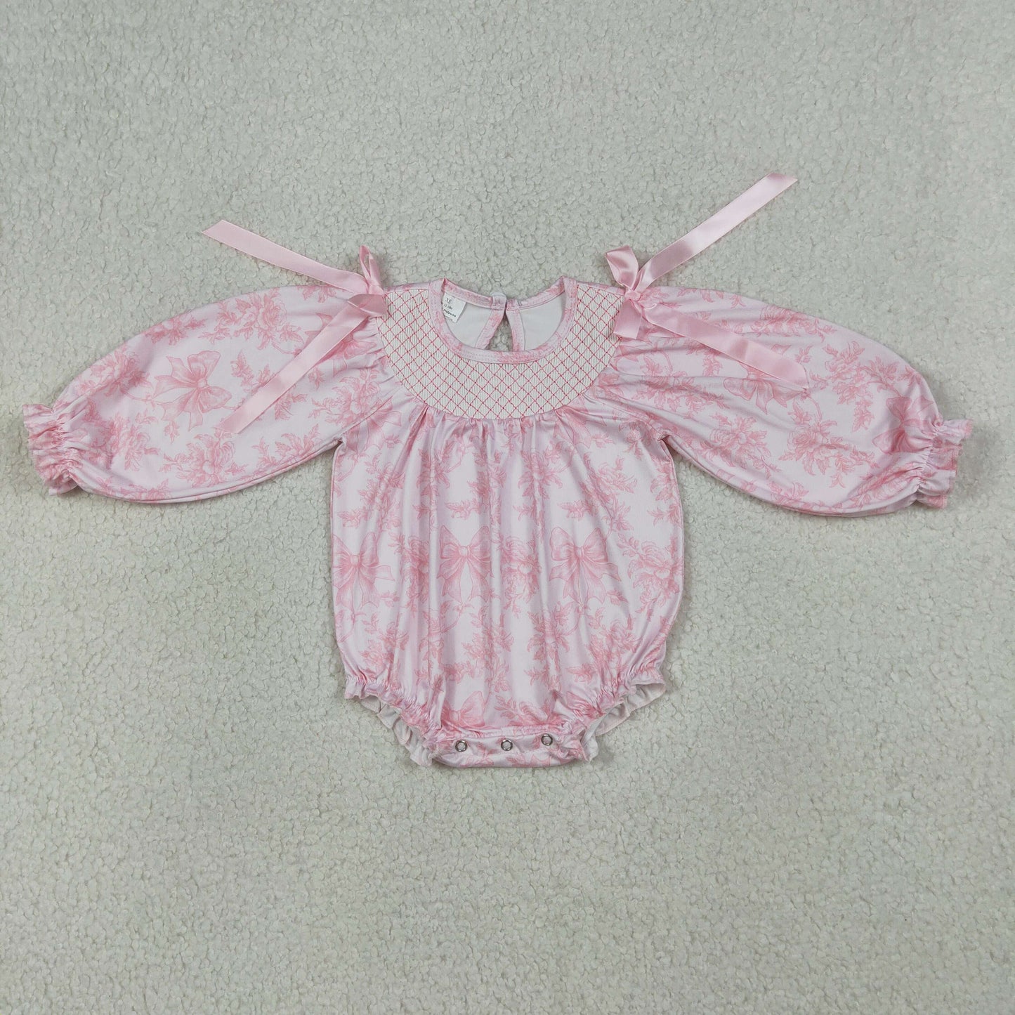 LR2932 Newborn Smocked Checked Baby Girls Flowers Bows Long Sleeve Ruffle Rompers