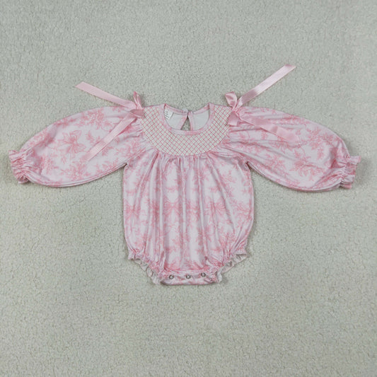 LR2932 Newborn Smocked Checked Baby Girls Flowers Bows Long Sleeve Ruffle Rompers