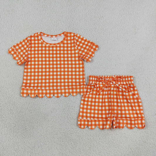 GSSO3839 Kids Clothing Baby Girls Orange Checked Shirt Top Pockets Short Scallop Clothes Set