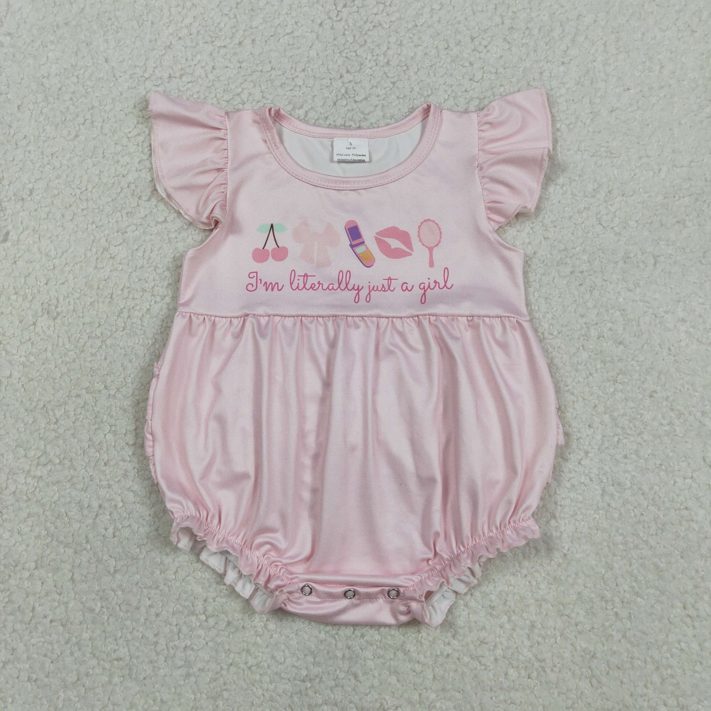SR3825 Baby Girl Pink Flutter Sleeve Cherry Bows I'm Just a Girl Ruffle Rompers