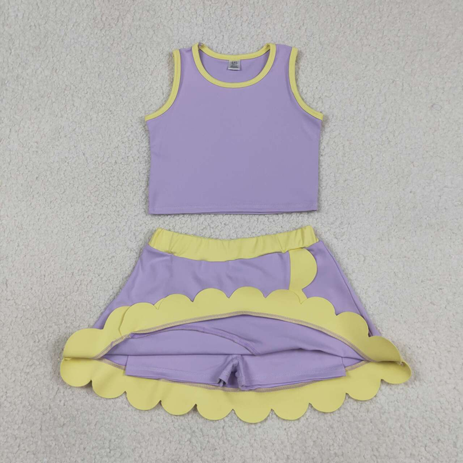 GSD4011 Kids Baby Girls Lavender Yellow Vest Scallop Skirt Short Yoga Active Clothes Set