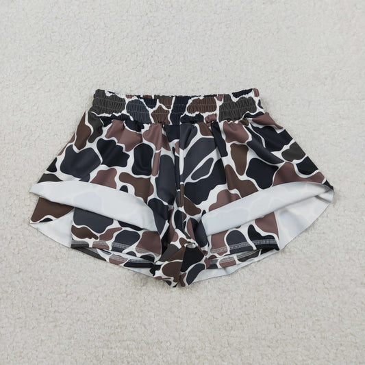 SS0773 Kids Baby Girl Southern Dark Brown Camo Yoga Active Ruffle Shorts Bottom