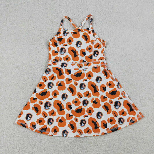 GSD3634 Kids Baby Girl Strap Orange Leopard Vols Team Yoga Active Shorts Knee Length Dress