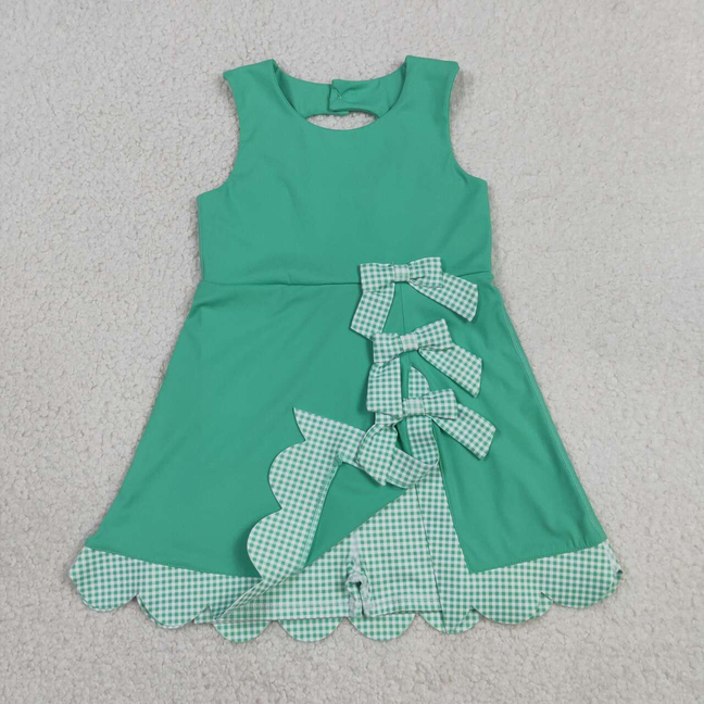 GSD3029 Kids Baby Girls Green Sleeveless Yoga Active Shorts Bows Scallop Knee Length Dresses