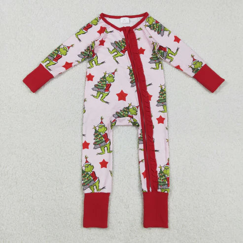 9.17 LR2496 Baby Girls Long Sleeves Green Faces Trees Plaid Ruffle Zipper Romper